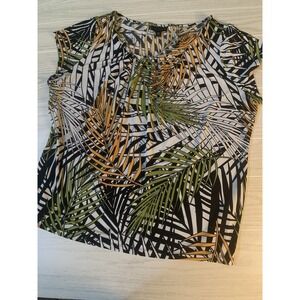 Worthington Woman 2X Sleeveless Tropical Palm Branch Blouse White &‎ Black Gold